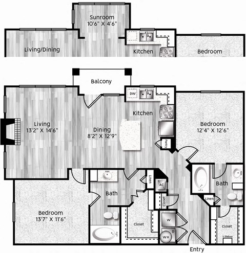 Two bedroom two bathroom kitchen with pantry and living room dining area balcony or sunroom with garage